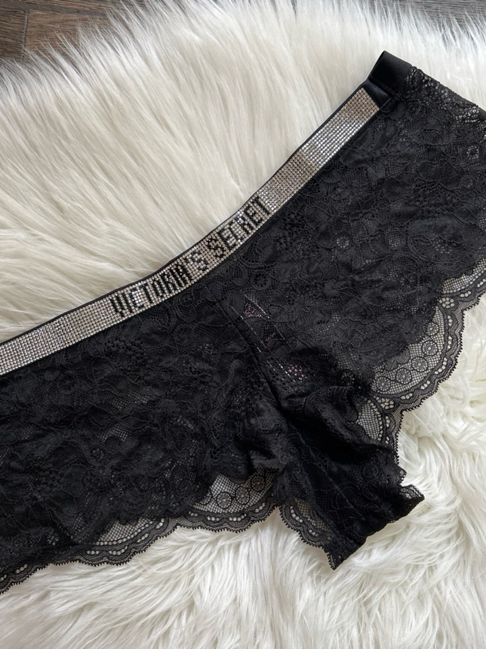 Victoria's Secret Black Lace Boyshorts with Rhinestone Logo Waistband